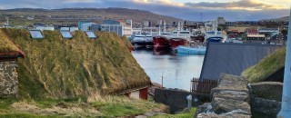 Grass roofed houses with a harbour in the background